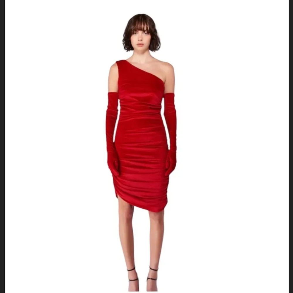 1B. NWOT MISCREANTS VELVET RUCHED ONE SHOULDER DRESS WITH GLOVES